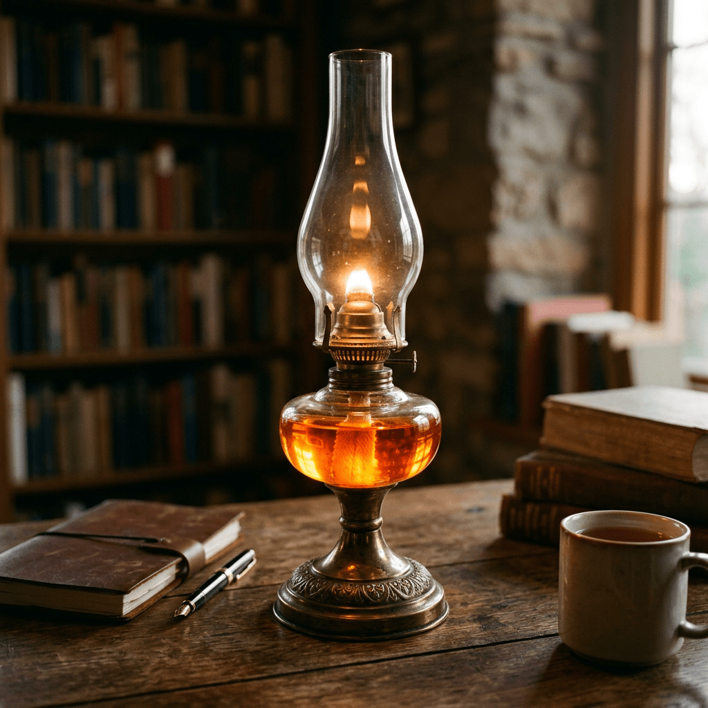 Lit oil lamp on a wooden table beside books, pen, and coffee